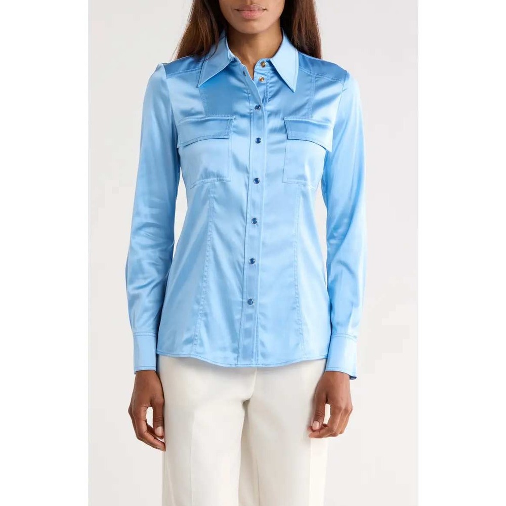 NWT Diane von Furstenberg Toni Satin Snap Front Shirt Womens 4 Blue Western
